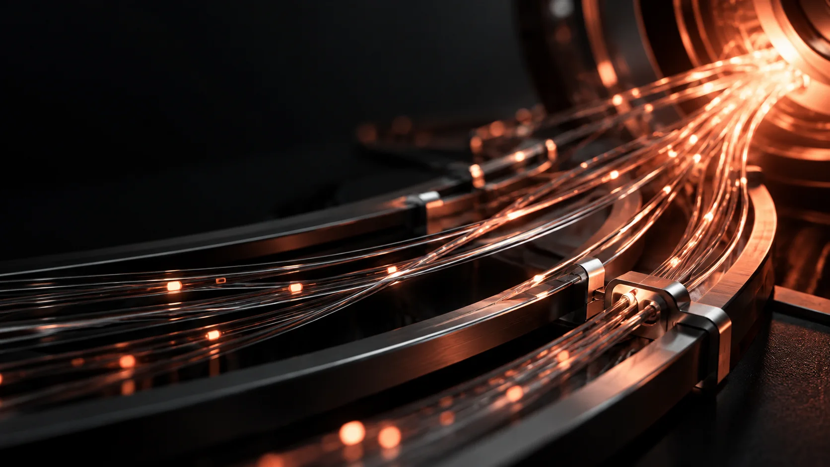 Connected optical fibers representing integrated business systems